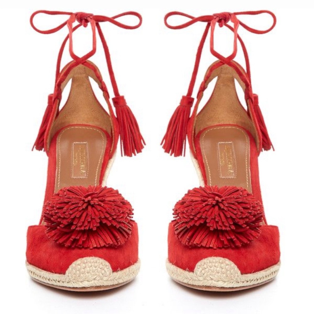 AQUAZZURA Sunshine Pompom Red Suede Wedge Sandal Espadrille US 7/7.5 / EU 37.5 - Picture 2 of 10